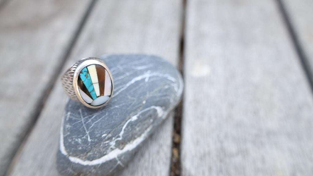 Signed Zuni Sterling Silver Multistone Inlay Ring Size 9 | Turquoise Jet Shell Mother Pearl