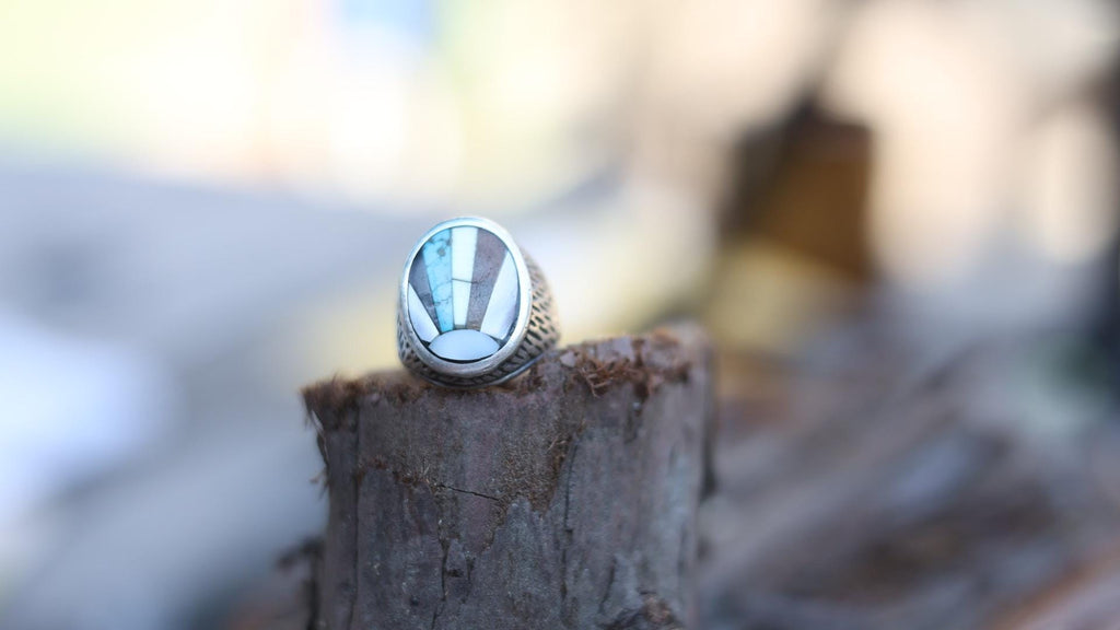 Signed Zuni Sterling Silver Multistone Inlay Ring Size 9 | Turquoise Jet Shell Mother Pearl