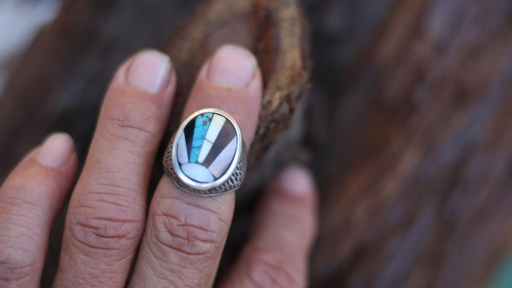 Signed Zuni Sterling Silver Multistone Inlay Ring Size 9 | Turquoise Jet Shell Mother Pearl