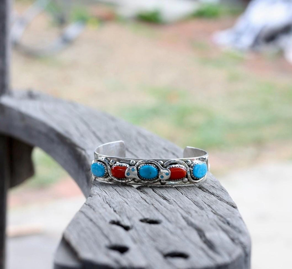 Snake Cuff Bracelet Zuni Sterling Silver Turquoise Coral, Native American Hallmarked Jewelry, Effie Calavaza