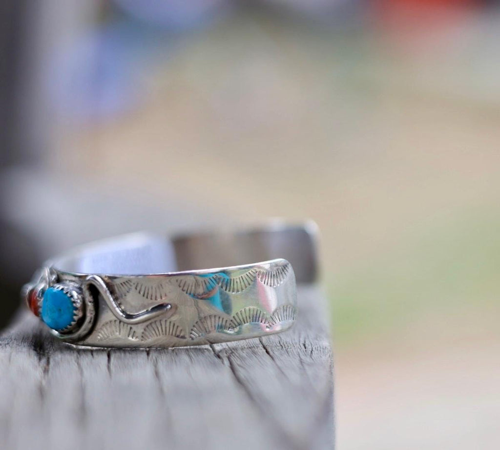 Snake Cuff Bracelet Zuni Sterling Silver Turquoise Coral, Native American Hallmarked Jewelry, Effie Calavaza