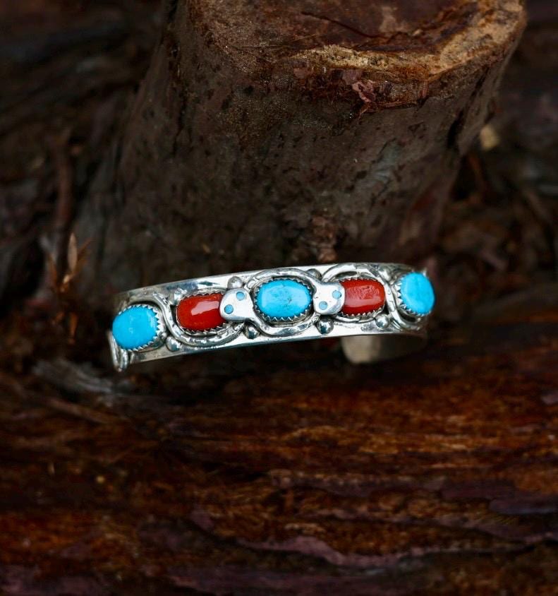 Snake Cuff Bracelet Zuni Sterling Silver Turquoise Coral, Native American Hallmarked Jewelry, Effie Calavaza