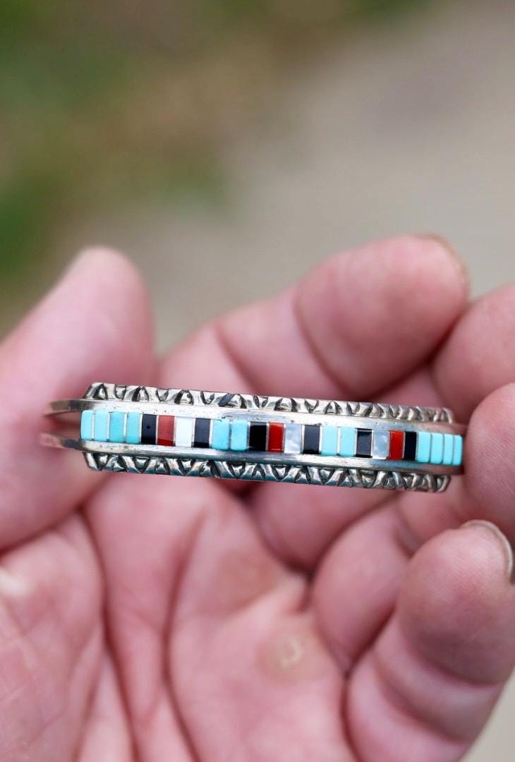 Zuni Inlay Cuff Bracelet Sterling Silver Turquoise Coral Jet, Native American Multistone Jewelry, Janelle Shebola