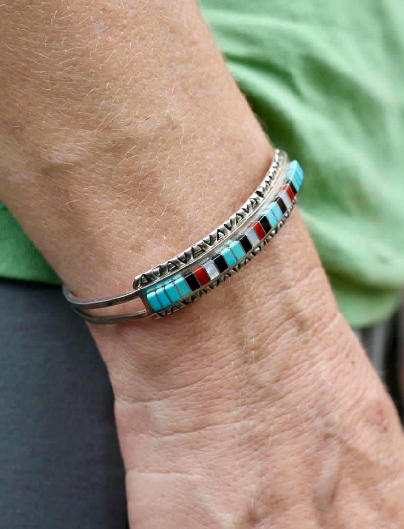 Zuni Inlay Cuff Bracelet Sterling Silver Turquoise Coral Jet, Native American Multistone Jewelry, Janelle Shebola