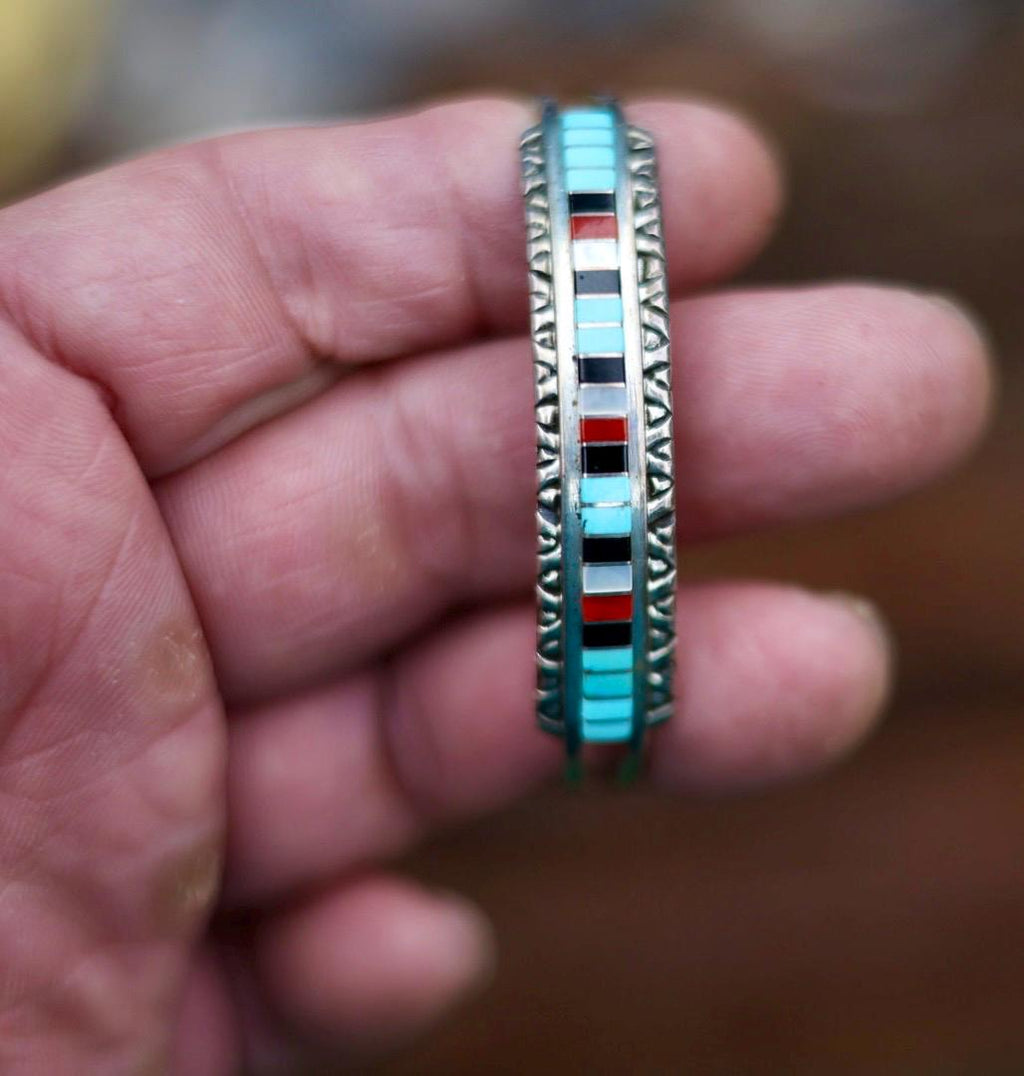 Zuni Inlay Cuff Bracelet Sterling Silver Turquoise Coral Jet, Native American Multistone Jewelry, Janelle Shebola