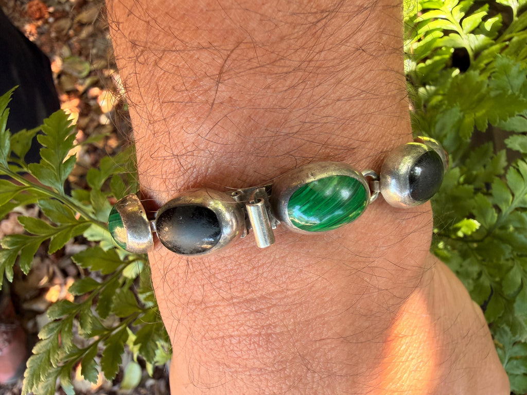 Vintage Sterling Silver Link Bracelet | Malachite, Lapis, Obsidian Stones | Handcrafted Mexico