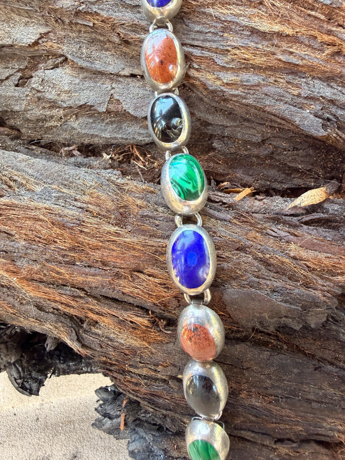 Vintage Sterling Silver Link Bracelet | Malachite, Lapis, Obsidian Stones | Handcrafted Mexico