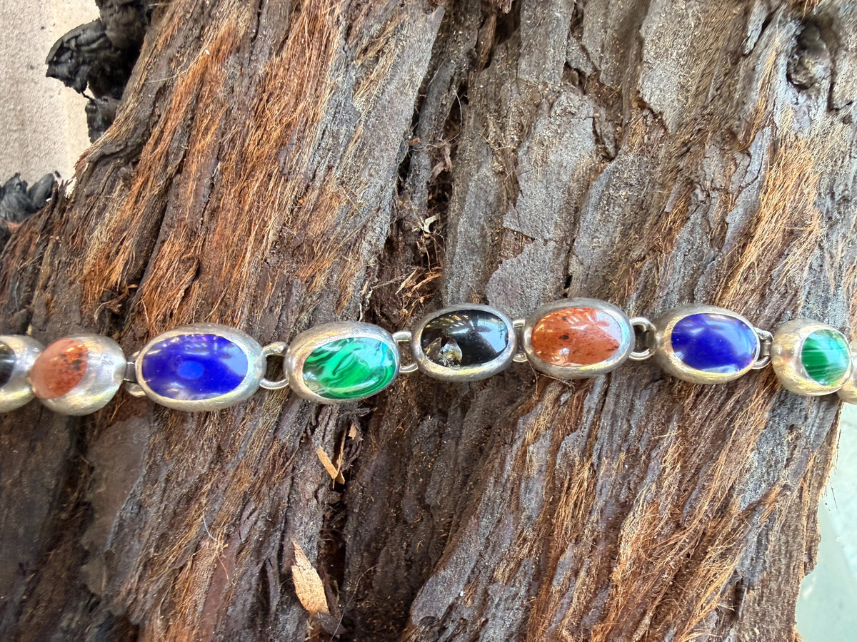 Vintage Sterling Silver Link Bracelet | Malachite, Lapis, Obsidian Stones | Handcrafted Mexico