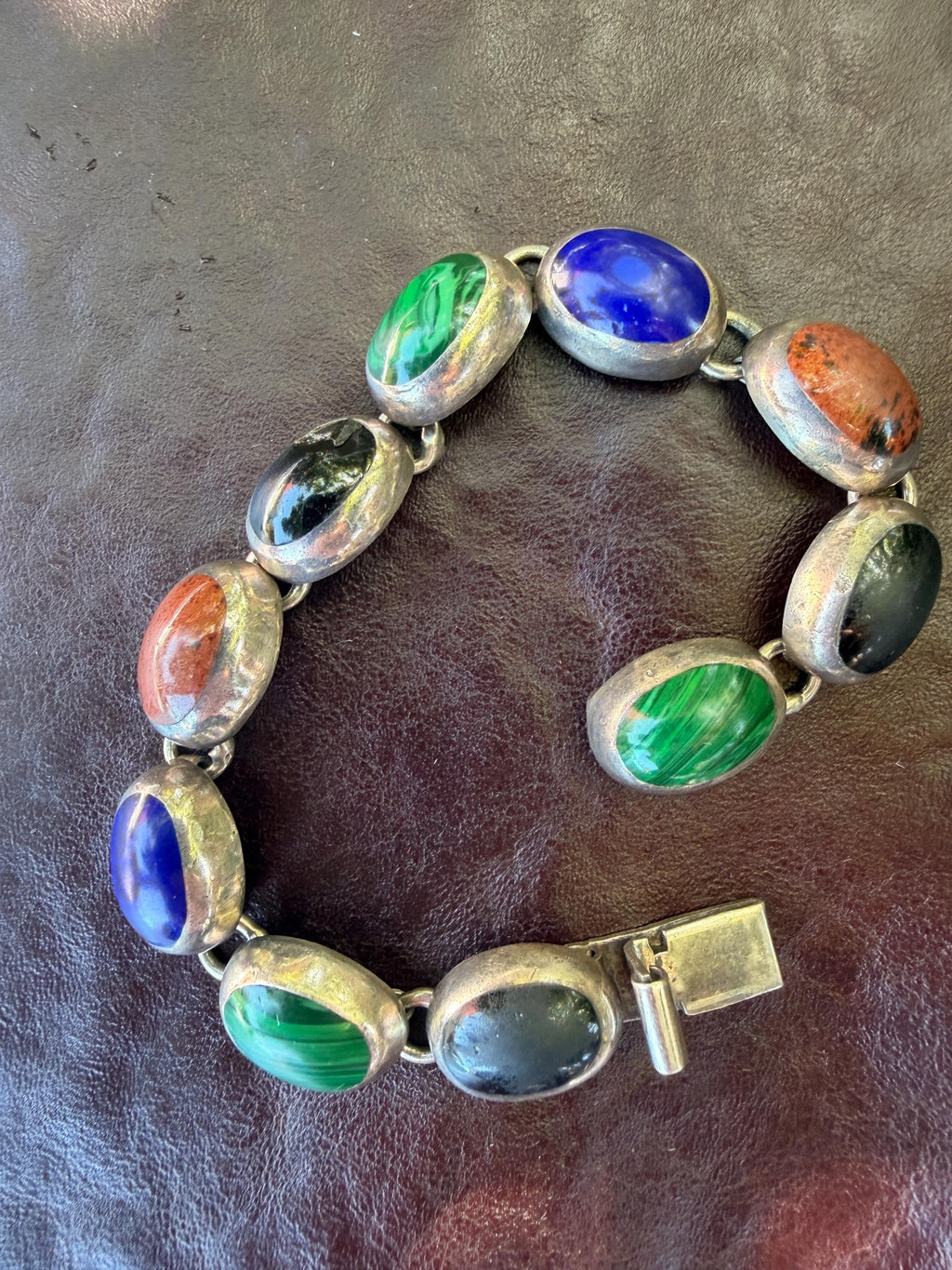 Vintage Sterling Silver Link Bracelet | Malachite, Lapis, Obsidian Stones | Handcrafted Mexico