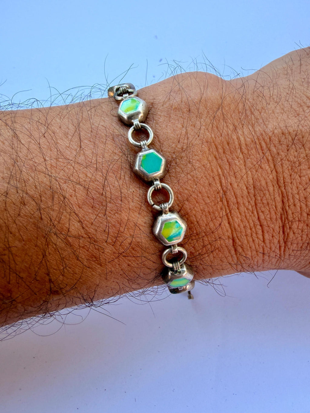 Vintage Sterling Silver Calcite Hexagon Bracelet | Boho Statement Toggle Clasp