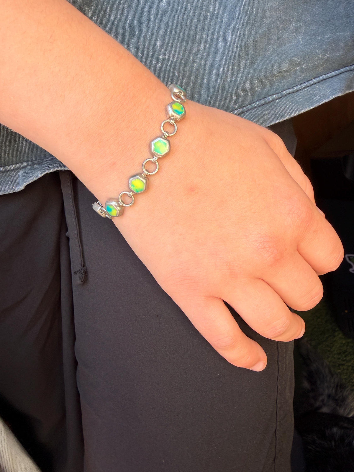 Vintage Sterling Silver Calcite Hexagon Bracelet | Boho Statement Toggle Clasp
