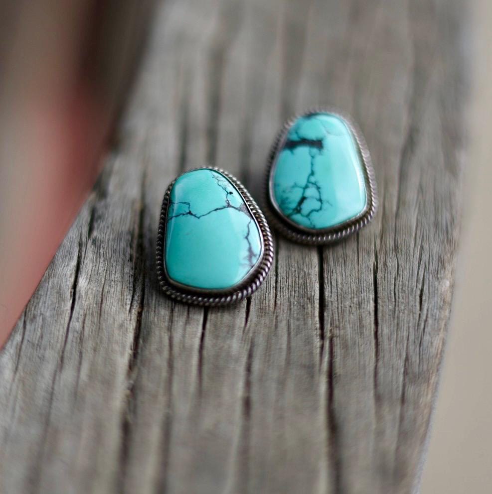 Spiderweb Turquoise Stud Earrings | Navajo Signed Sterling Silver | Artie Yellowhorse Authentic | Native American