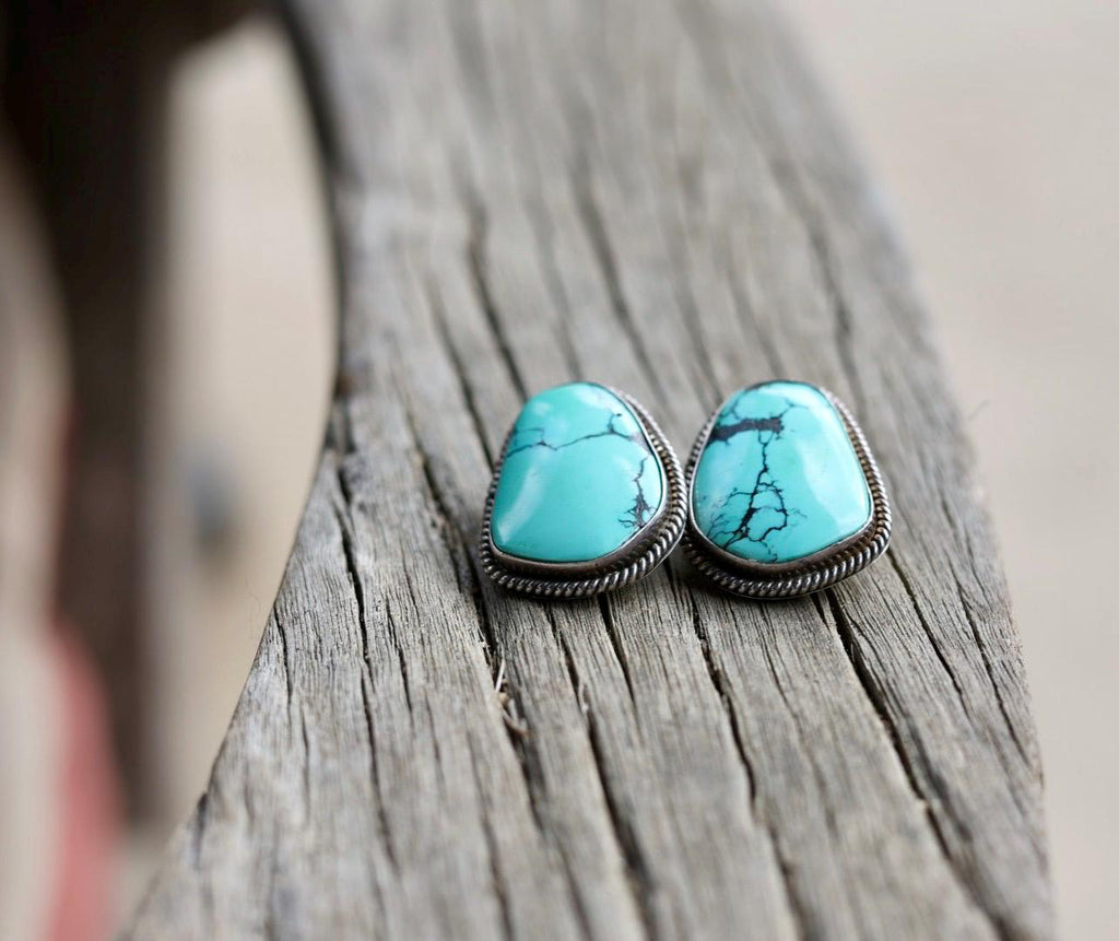 Spiderweb Turquoise Stud Earrings | Navajo Signed Sterling Silver | Artie Yellowhorse Authentic | Native American