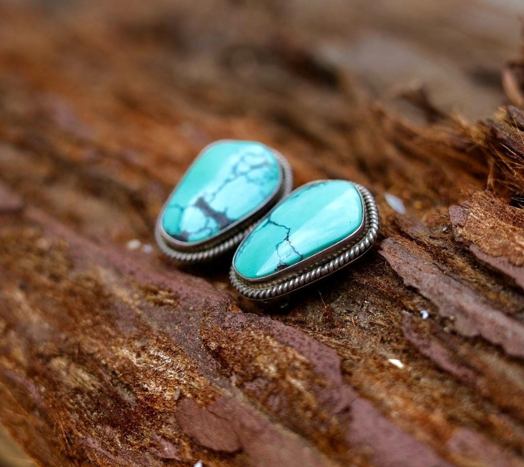 Spiderweb Turquoise Stud Earrings | Navajo Signed Sterling Silver | Artie Yellowhorse Authentic | Native American