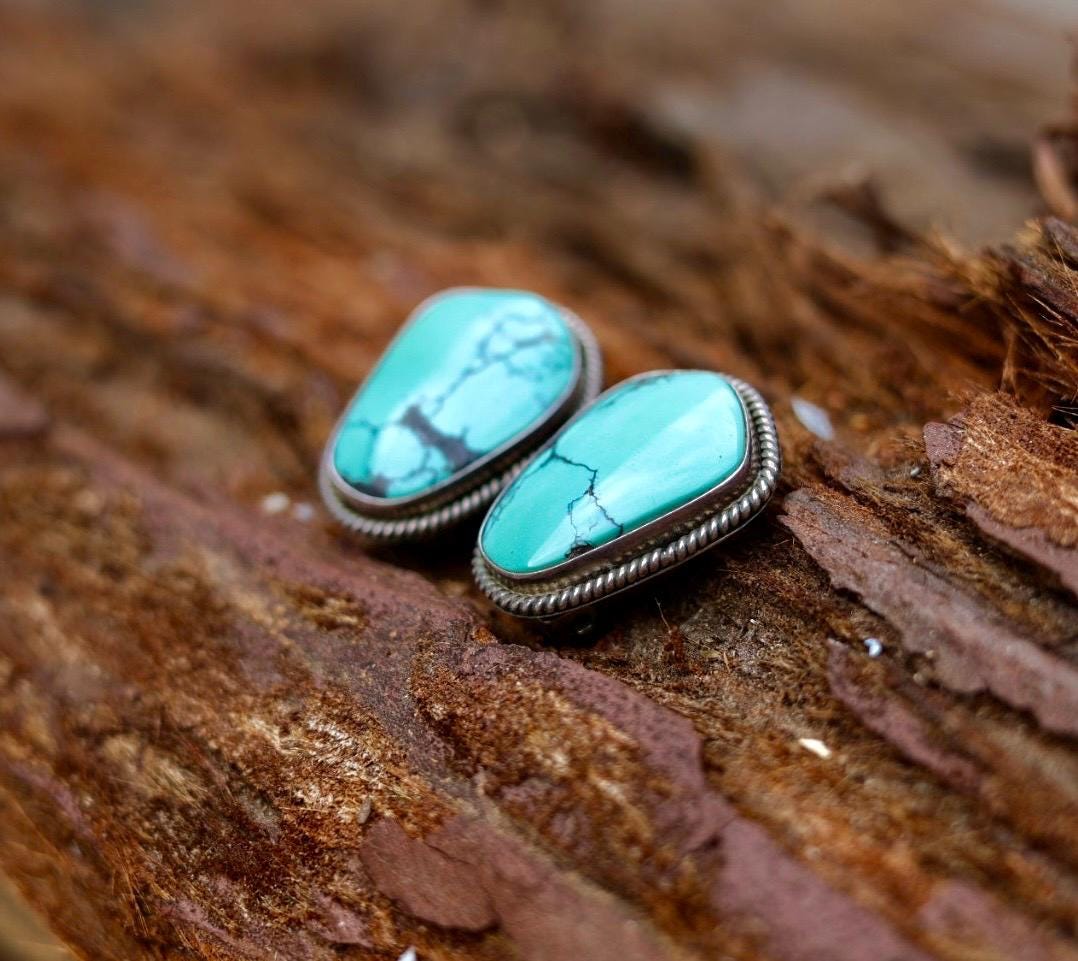 Spiderweb Turquoise Stud Earrings | Navajo Signed Sterling Silver | Artie Yellowhorse Authentic | Native American