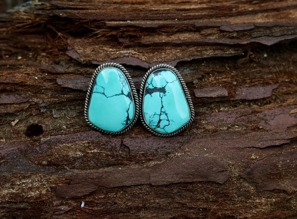 Spiderweb Turquoise Stud Earrings | Navajo Signed Sterling Silver | Artie Yellowhorse Authentic | Native American