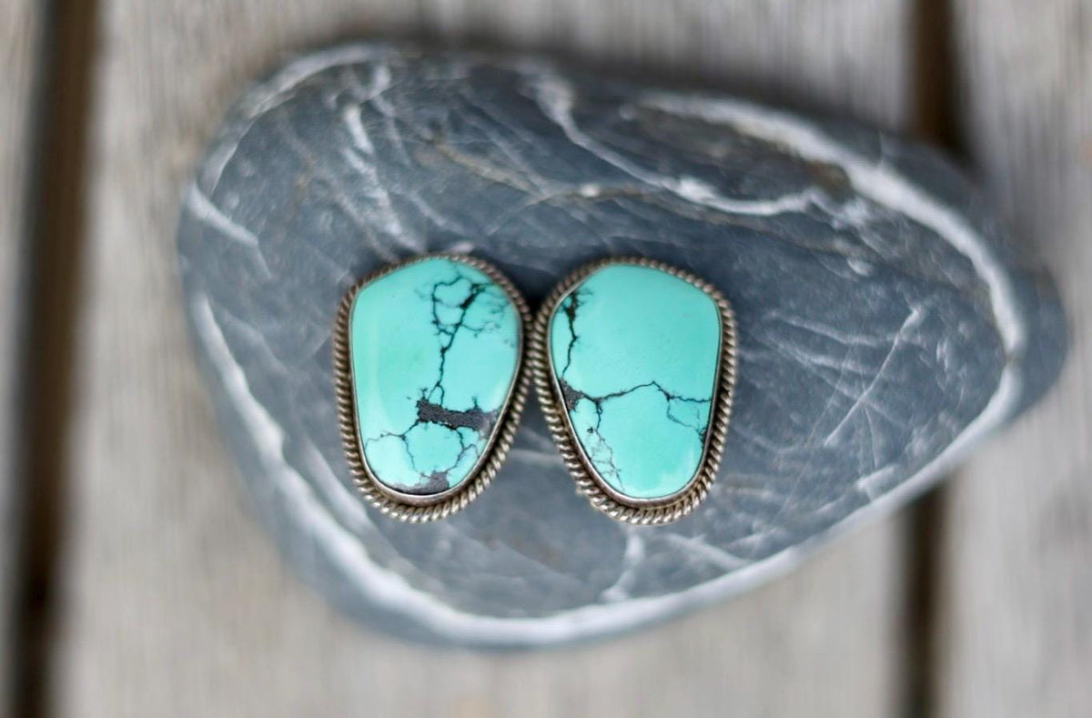 Spiderweb Turquoise Stud Earrings | Navajo Signed Sterling Silver | Artie Yellowhorse Authentic | Native American