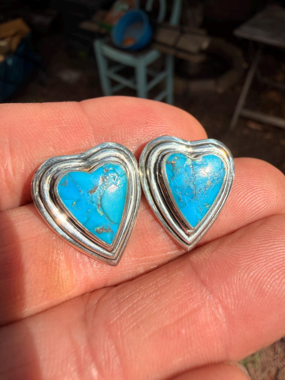 Turquoise Heart Stud Earrings | Deep Blue Matrix Southwest Boho | sterling silver