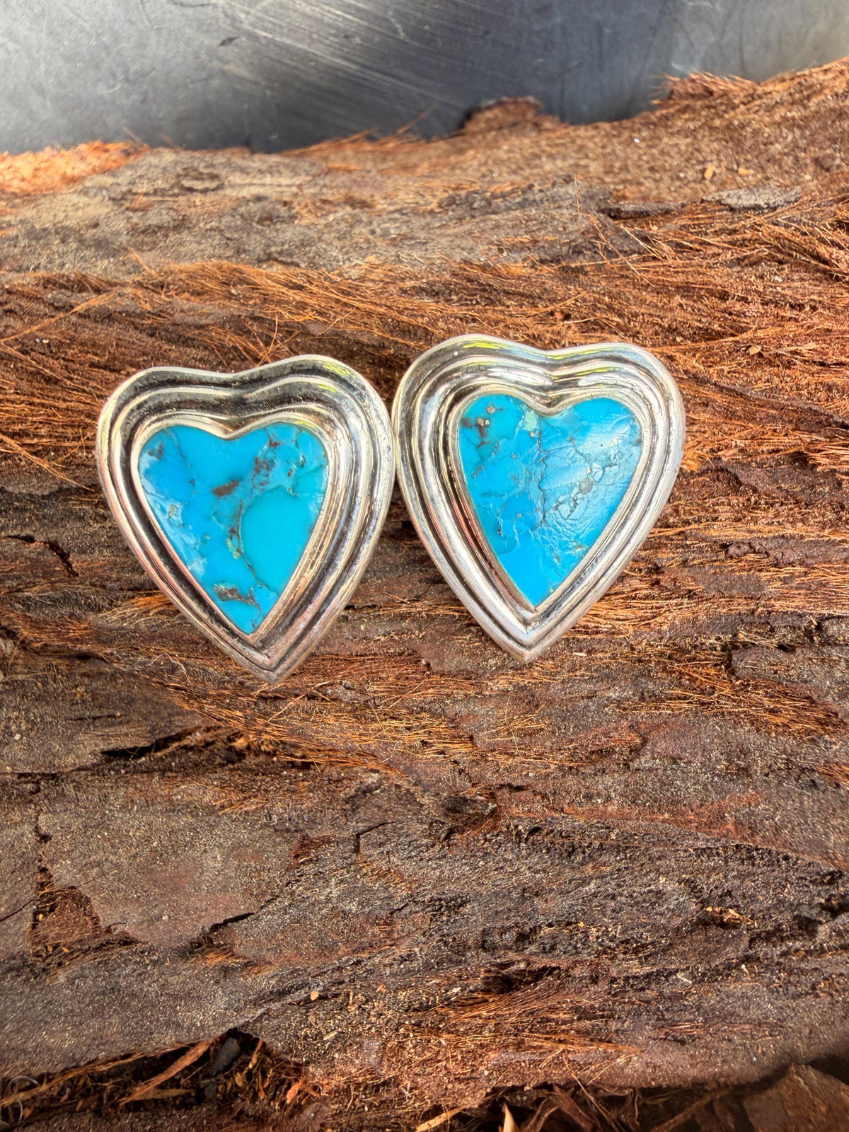Turquoise Heart Stud Earrings | Deep Blue Matrix Southwest Boho | sterling silver