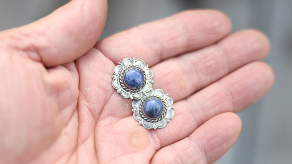 Blue Sodalite Earrings Sterling Silver Flower Studs, Southwest Boho Native American Jewelry, Elk Creek