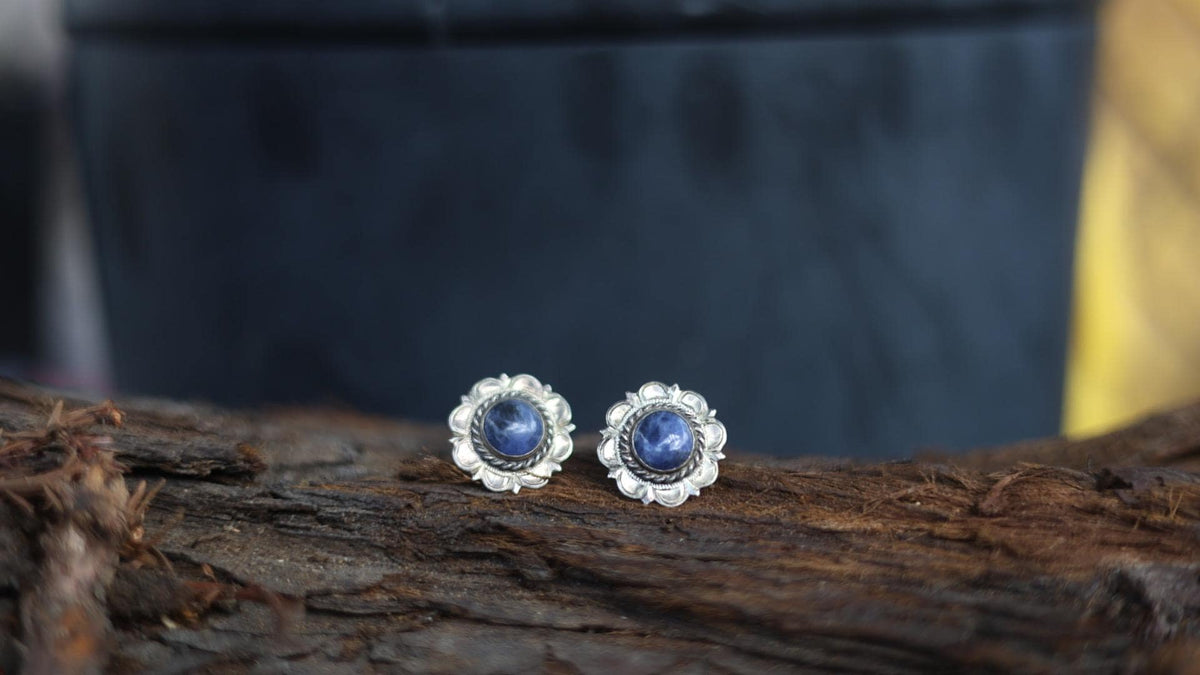 Blue Sodalite Earrings Sterling Silver Flower Studs, Southwest Boho Native American Jewelry, Elk Creek