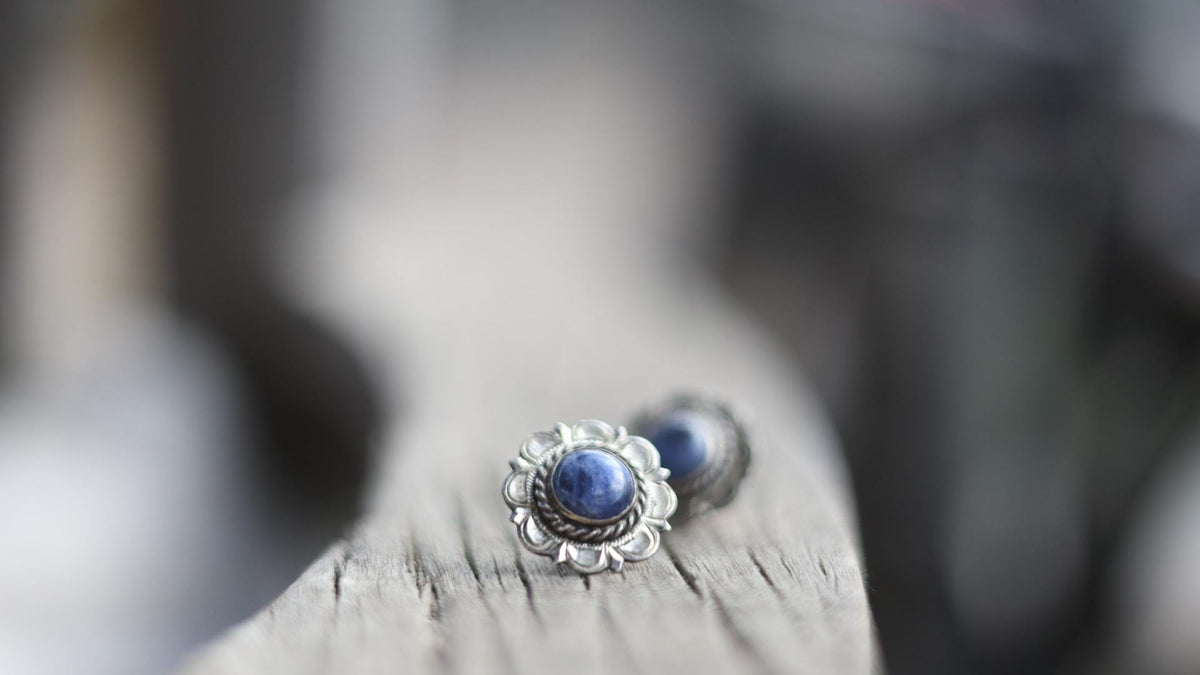 Blue Sodalite Earrings Sterling Silver Flower Studs, Southwest Boho Native American Jewelry, Elk Creek