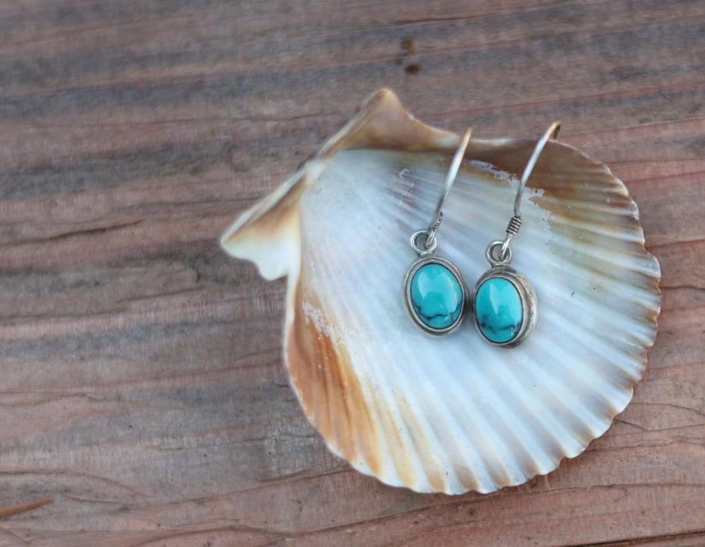 Cabochon Turquoise Hook Dangle Earrings | 925 Sterling Silver | Southwest  | Oval | Boho Vintage