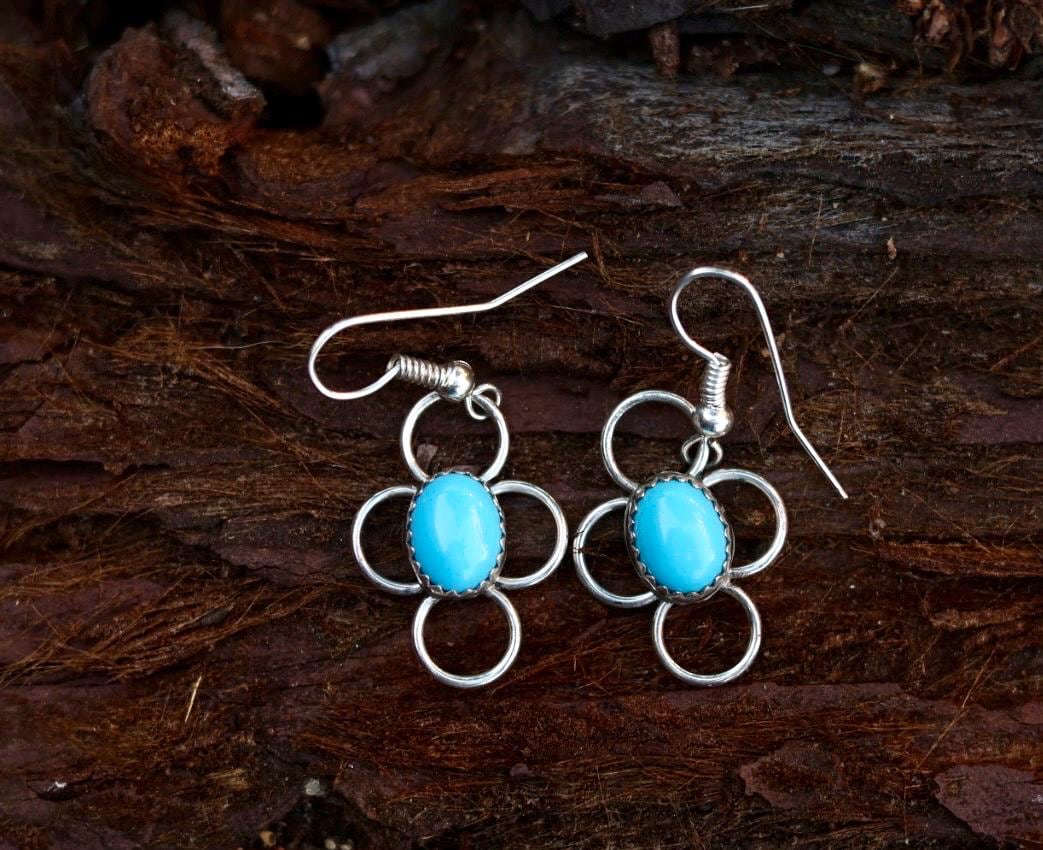Sleeping Beauty Turquoise Earrings | Four Circle Dangle | Southwest Hook Back | Genuine Turquoise | Vintage