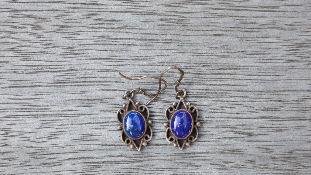 Sterling Silver Lapis Lazuli Dangle Earrings, Southwest Hook Back, Mexican Modernist 925