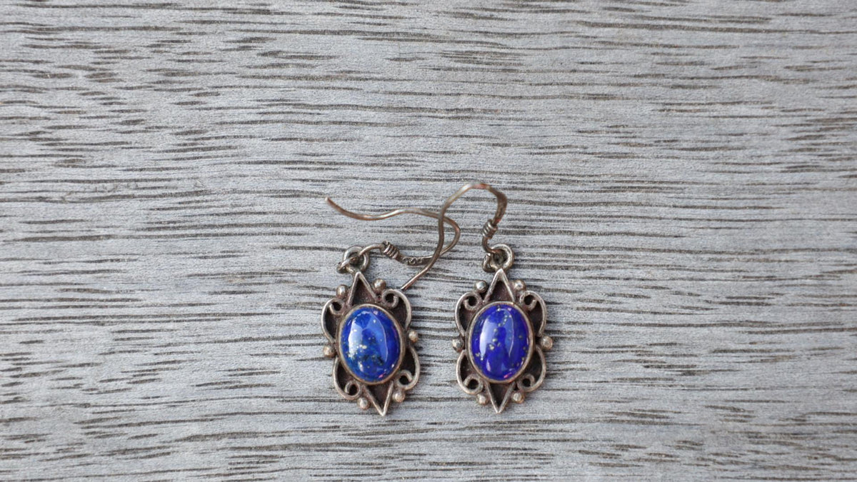 Sterling Silver Lapis Lazuli Dangle Earrings, Southwest Hook Back, Mexican Modernist 925
