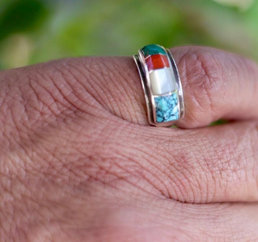 Ben Nighthorse Sterling Silver Multistone Inlay Ring, Northern Cheyenne Turquoise Coral Malachite MOP