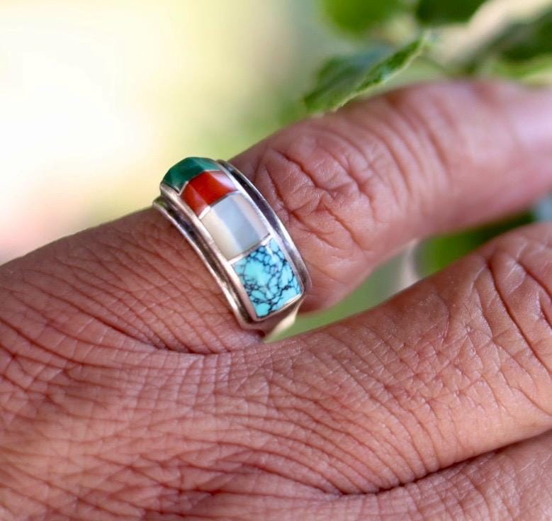 Ben Nighthorse Sterling Silver Multistone Inlay Ring, Northern Cheyenne Turquoise Coral Malachite MOP
