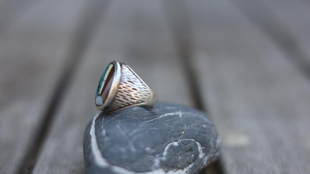 Signed Zuni Sterling Silver Multistone Inlay Ring Size 9 | Turquoise Jet Shell Mother Pearl