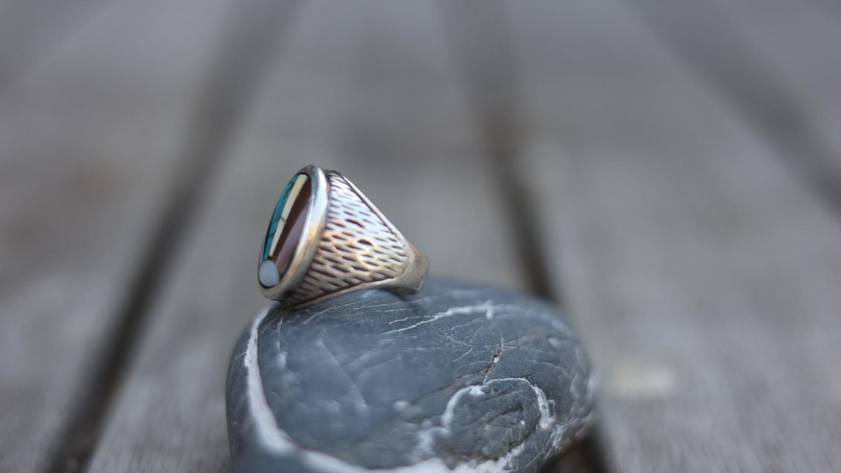 Signed Zuni Sterling Silver Multistone Inlay Ring Size 9 | Turquoise Jet Shell Mother Pearl