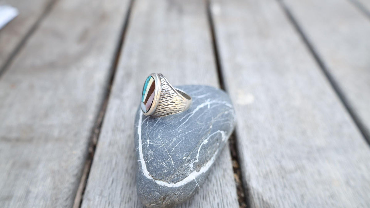 Signed Zuni Sterling Silver Multistone Inlay Ring Size 9 | Turquoise Jet Shell Mother Pearl