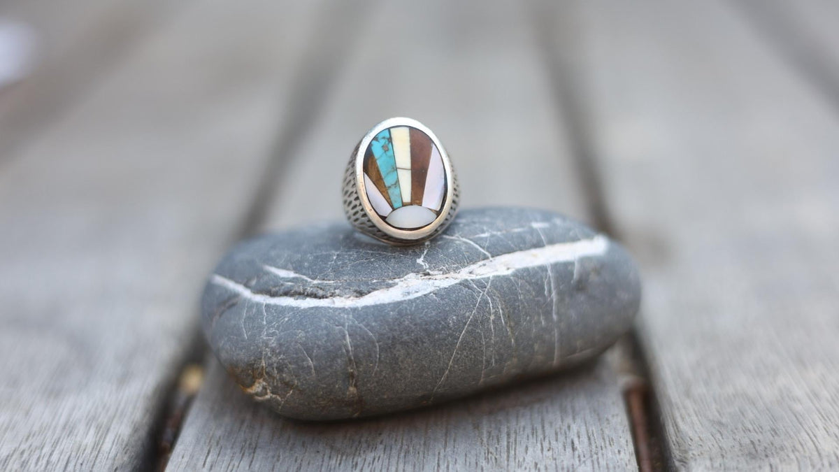 Signed Zuni Sterling Silver Multistone Inlay Ring Size 9 | Turquoise Jet Shell Mother Pearl