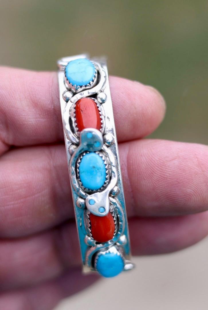 Snake Cuff Bracelet Zuni Sterling Silver Turquoise Coral, Native American Hallmarked Jewelry, Effie Calavaza