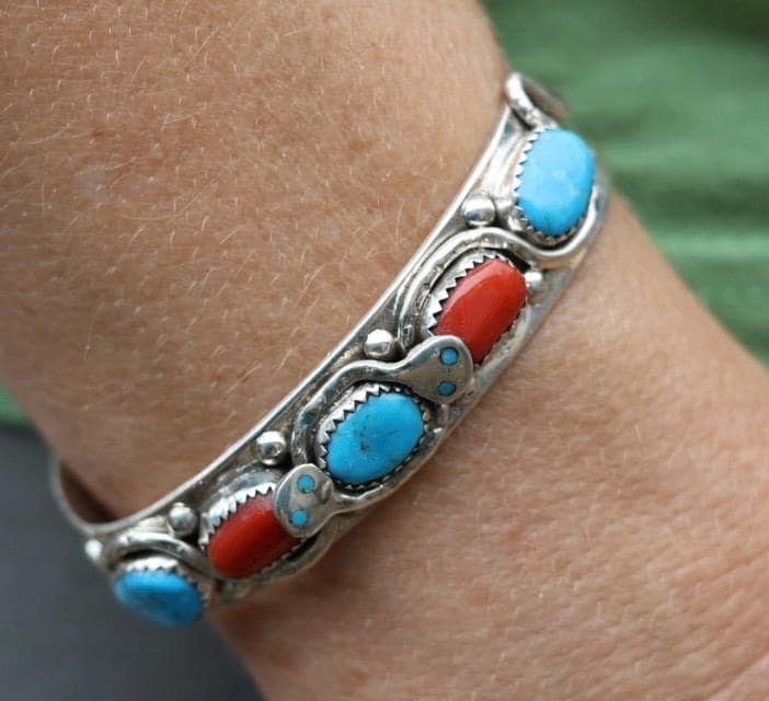Snake Cuff Bracelet Zuni Sterling Silver Turquoise Coral, Native American Hallmarked Jewelry, Effie Calavaza