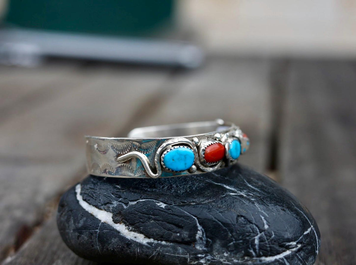 Snake Cuff Bracelet Zuni Sterling Silver Turquoise Coral, Native American Hallmarked Jewelry, Effie Calavaza