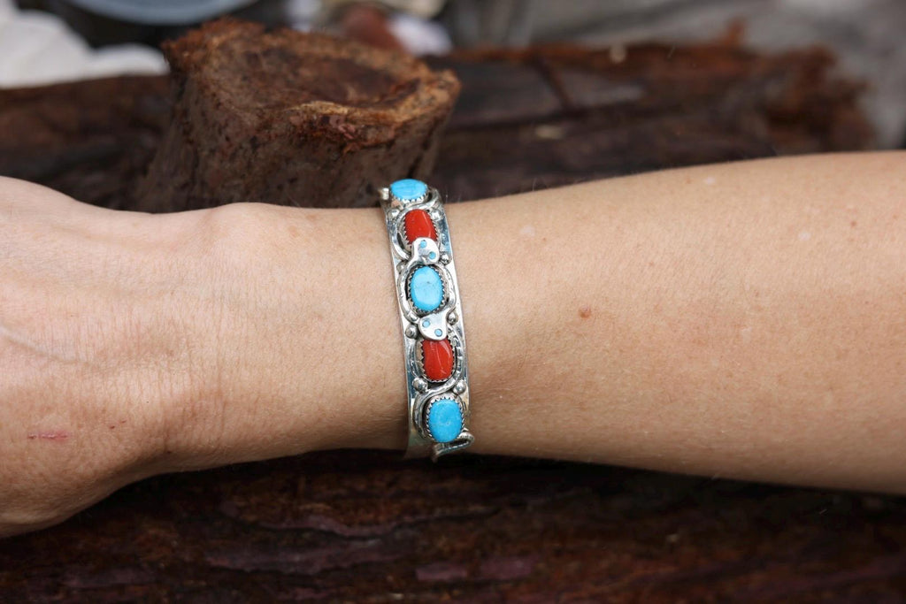 Snake Cuff Bracelet Zuni Sterling Silver Turquoise Coral, Native American Hallmarked Jewelry, Effie Calavaza