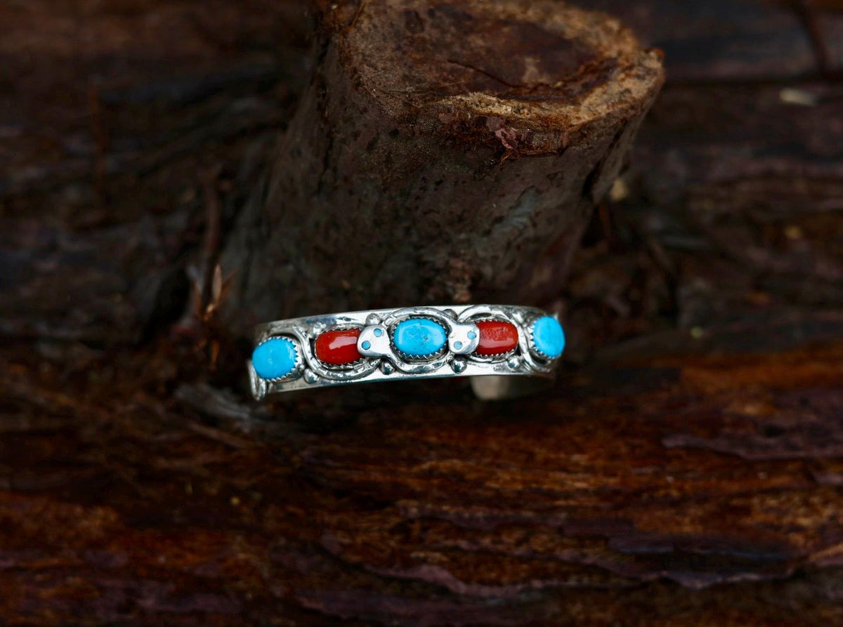 Snake Cuff Bracelet Zuni Sterling Silver Turquoise Coral, Native American Hallmarked Jewelry, Effie Calavaza