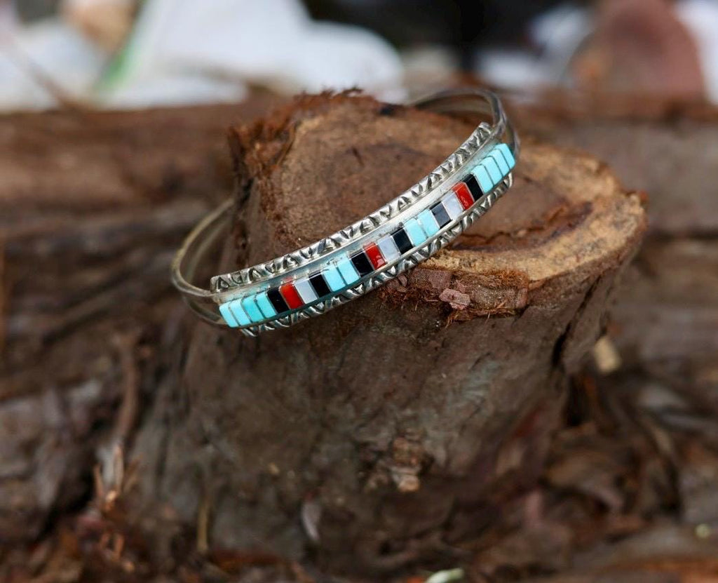 Zuni Inlay Cuff Bracelet Sterling Silver Turquoise Coral Jet, Native American Multistone Jewelry, Janelle Shebola