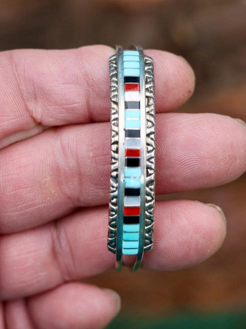 Zuni Inlay Cuff Bracelet Sterling Silver Turquoise Coral Jet, Native American Multistone Jewelry, Janelle Shebola