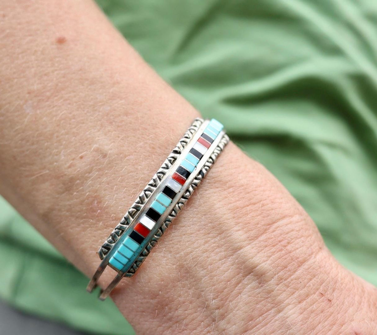 Zuni Inlay Cuff Bracelet Sterling Silver Turquoise Coral Jet, Native American Multistone Jewelry, Janelle Shebola