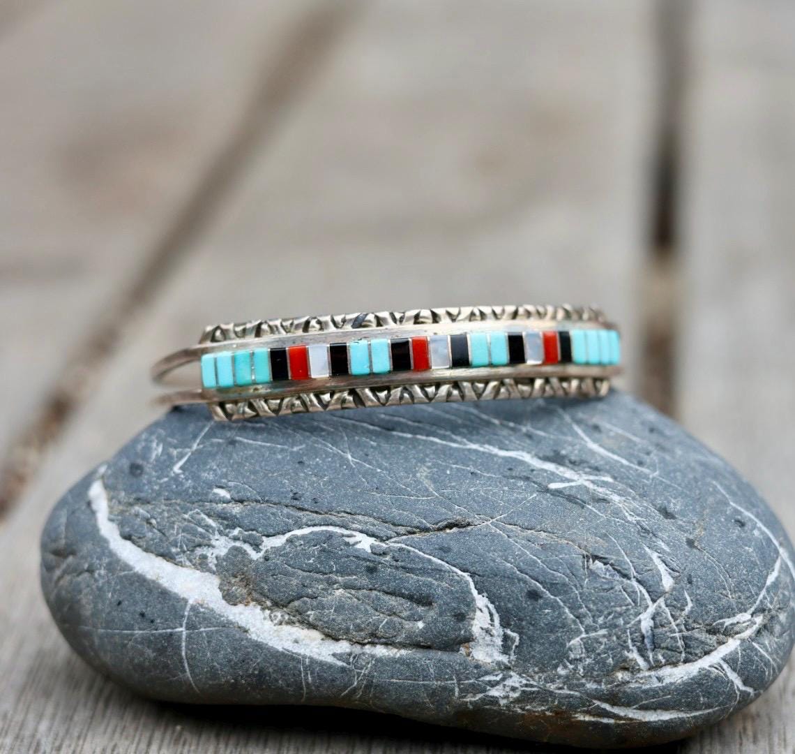 Zuni Inlay Cuff Bracelet Sterling Silver Turquoise Coral Jet, Native American Multistone Jewelry, Janelle Shebola