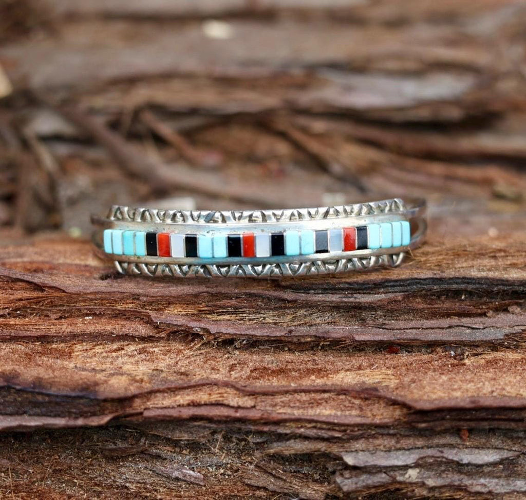 Zuni Inlay Cuff Bracelet Sterling Silver Turquoise Coral Jet, Native American Multistone Jewelry, Janelle Shebola