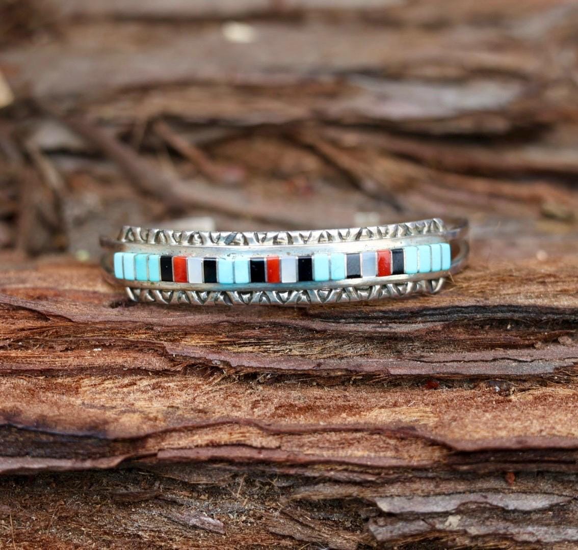 Zuni Inlay Cuff Bracelet Sterling Silver Turquoise Coral Jet, Native American Multistone Jewelry, Janelle Shebola