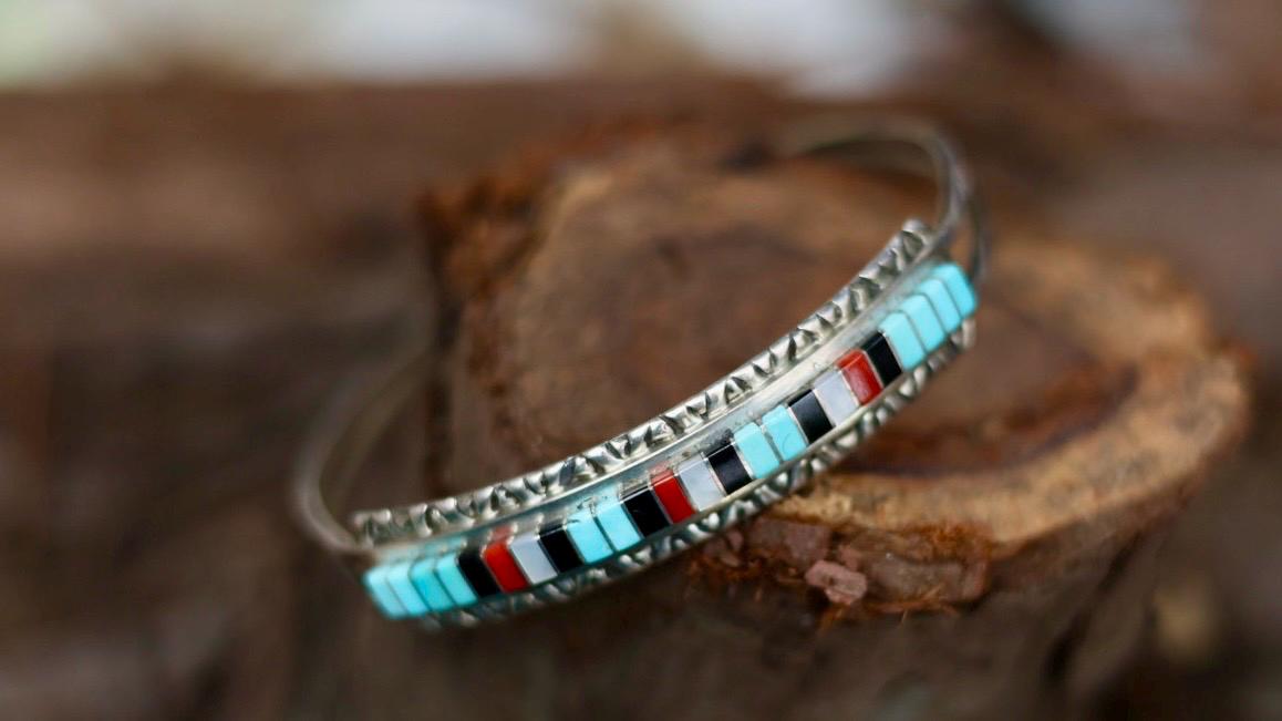 Zuni Inlay Cuff Bracelet Sterling Silver Turquoise Coral Jet, Native American Multistone Jewelry, Janelle Shebola