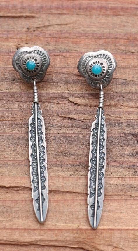 Feather Dangle Earrings | Turquoise Cabochon Concho Post | Signed M Sterling | Vintage Navajo Sterling Silver