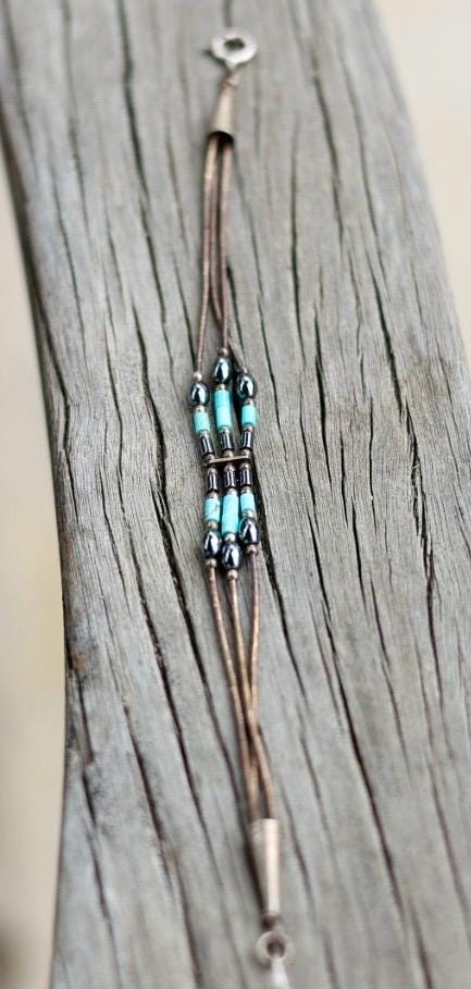 Multi-Strand Turquoise Bead Bracelet | Copper Brass Southwestern Boho | Vintage Statement Jewelry